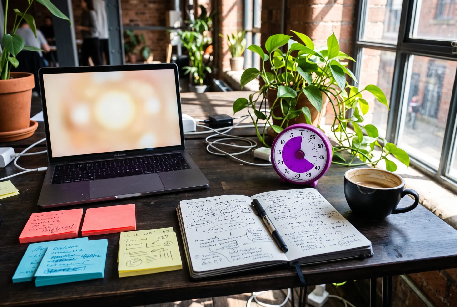 The desk at the Loud Brain Coaching studio in Leeds, a joyfully organised chaos of sticky notes and colour