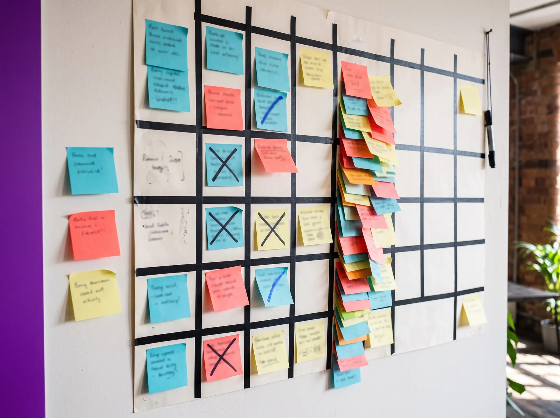 The wall planner at the Loud Brain Coaching studio in Leeds, in genuine daily use with moved and rewritten notes
