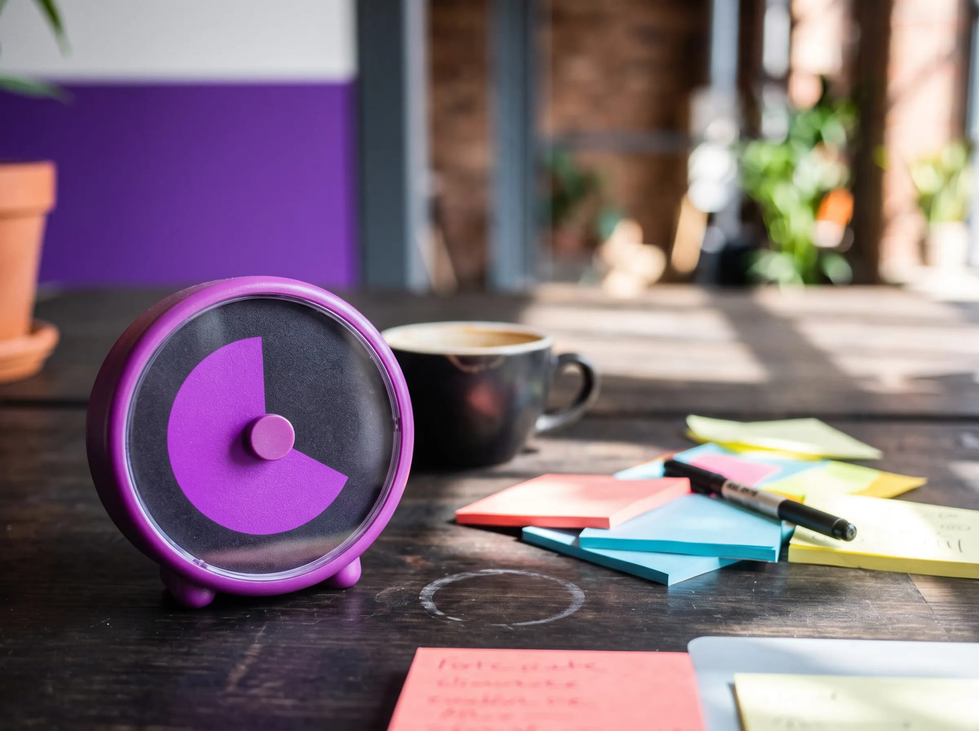 A visual timer, a cooling coffee and a stack of sticky notes on the desk of the Loud Brain Coaching studio in Leeds